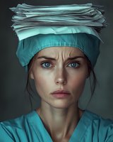 Intense close-up portrait of healthcare worker in turquoise scrubs and surgical cap with piercing blue eyes against dark background, expressing determination and resilience.