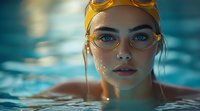 Young athletic woman in yellow swimming cap and goggles emerges from pool water with intense gaze, water droplets on face against turquoise background.