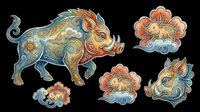 Decorative wild boar with ornamental swirls and floral cloud elements isolated on transparent background, ready for t-shirt design, clipart, stickers, sublimation and print-on-demand projects.