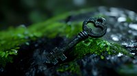Vintage ornate key lying on moss covered stone in mystical forest setting with dark moody atmosphere and selective focus creating magical ambiance.
