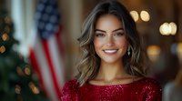 Young Hispanic woman with radiant smile wearing red sequin dress against American flag and Christmas tree background with soft bokeh lights creating festive patriotic atmosphere.