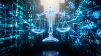 Digital justice scales with glowing blue network connections and data streams representing legal technology, artificial intelligence in law, and modern jurisprudence.