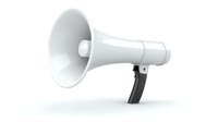 White megaphone with black handle on light background, isolated electronic bullhorn speaker for announcement and communication design projects.