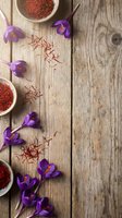 Saffron spice threads in bowls with purple crocus flowers on rustic wooden background. Culinary ingredient for cooking and seasoning recipes.
