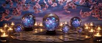 Mystical crystal spheres with cosmic galaxy patterns surrounded by glowing candles and cherry blossoms creating magical atmosphere for meditation and spirituality.