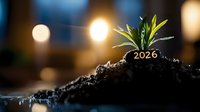 Young green sprout growing from soil with number 2026, symbolizing growth, future vision and new beginnings against blurred bokeh lights background.
