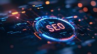Glowing SEO text in futuristic HUD circle interface with digital elements and orange bokeh lights on dark background, modern technology concept for marketing.