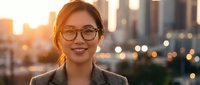 Professional Asian businesswoman with glasses smiling at camera during golden hour sunset in modern city downtown area with blurred urban skyline background.