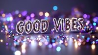 Glowing silver balloon letters spelling Good Vibes on purple bokeh background with sparkling lights and festive atmosphere for positive messaging and celebration.
