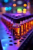 Laboratory glass vials with amber liquid samples in scientific research facility with colorful bokeh lighting for pharmaceutical and medical testing.