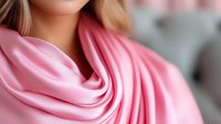 Young Caucasian woman wearing elegant pink silk scarf draped in soft folds around neck, close-up fashion detail showing luxurious fabric texture and feminine style.