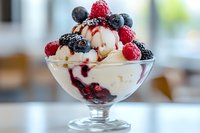 Creamy vanilla ice cream sundae topped with fresh blueberries, raspberries, berry sauce swirl and powdered sugar in elegant glass bowl, macro food photography.