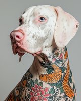 Tattooed dog with white and pink spotted coat wearing colorful body art including koi fish and floral designs, isolated against neutral background for creative and humorous pet portraits.