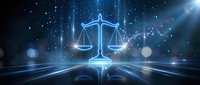 Glowing scales of justice symbol floating in cosmic space with bright light beams and stars, representing legal balance and fairness in futuristic setting.