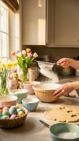 Woman sifting flour into mixing bowl during Easter baking preparation in warm sunlit kitchen with colorful eggs and spring tulips creating cozy atmosphere.