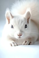 Close-up portrait of white squirrel with bright eyes on light background showing curious expression and detailed fur texture, suitable for nature and wildlife projects.