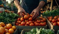 Farmer in denim apron selecting fresh ripe tomatoes at local market stall, hands arranging organic produce in wooden crates surrounded by fresh vegetables.