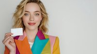 Young blonde woman with wavy hair holding blank business card, wearing colorful blazer with orange, turquoise, pink and yellow lapels against neutral background.