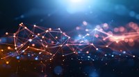 Glowing network connections with orange and blue light dots on dark background, abstract technology concept visualization with bokeh effect and lens flare.