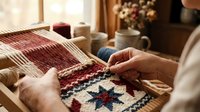 Elderly woman hands weaving traditional colorful geometric pattern on wooden loom in cozy home workshop with natural lighting and craft supplies.