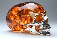 Crystal skull in amber and chrome finish with detailed anatomical features glowing with warm translucent orange light against neutral gray background.