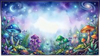Enchanted forest floor with glowing mushrooms, magical plants, and swirling galaxy sky with crescent moon and stars, fantasy woodland scene for mystical designs.