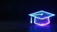 Glowing blue graduation cap made of connected dots and lines on dark background. Digital education technology concept for academic achievement and learning.