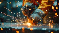 Industrial welder at work with bright sparks flying, wearing protective mask, captured in dramatic close-up with orange bokeh lights and blue tones.