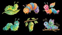 Colorful caterpillar and butterfly characters isolated on transparent background, ready for t-shirt designs, clipart, stickers, sublimation, and print-on-demand products.