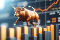 Bronze bull figurine jumping over rising gold bar chart against stock market graph background, symbolizing financial growth and bullish market trends.