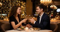 Young couple toasting with wine glasses during romantic dinner date at upscale restaurant with warm lighting and elegant atmosphere for celebration.