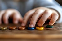 Child's hand touching colorful round buttons arranged in row on wooden surface, shallow depth of field macro shot. For education and childhood development concepts.