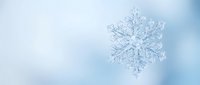 Single delicate snowflake with intricate crystalline structure floating against soft blue winter sky background for seasonal holiday designs.