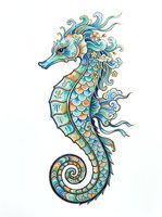 Ornate seahorse with decorative scales and flowing mane in turquoise, gold, and blue tones. Isolated on white background, ready for design projects, textiles, and clipart applications.