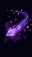 Glowing purple neon arrow with dynamic light trails and bokeh effects on dark background for digital design and technology concepts.