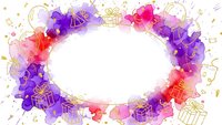 Watercolor oval frame with purple and pink flowers, gift boxes and golden confetti on white background for greeting cards and invitations.