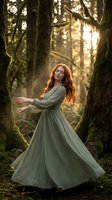 Young redhead woman in flowing green dress dancing gracefully in enchanted forest with golden sunlight filtering through moss-covered trees.