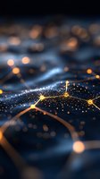Abstract network visualization with glowing orange connection points and light trails on dark background, representing digital connectivity and data flow.