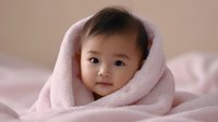 Asian baby wrapped in soft pink blanket smiling at camera against pink background, capturing innocent expression and tender moment in natural light.