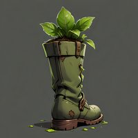 Green military style boot repurposed as plant container with growing leaves, artistic fantasy concept on dark background. Isolated design ready for creative use.