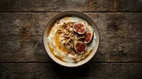 Creamy yogurt bowl topped with fresh figs, granola, and honey on rustic wooden surface, overhead view for food styling and culinary content.