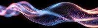 Glowing abstract wave with pink and blue gradient colors flowing against black background, sparkling particles creating dynamic motion effect.