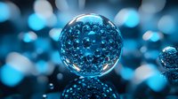 Crystal sphere with air bubbles floating against blurred blue bokeh background, reflective surface creates magical atmosphere, macro photography with shallow depth of field.