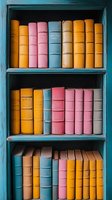 Vintage books in pastel colors arranged on turquoise wooden shelves, featuring pink, yellow, and blue spines creating aesthetic library composition.