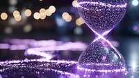 Glowing purple hourglass with sparkling sand against dark background with bokeh lights, symbolizing time passage and magical moments in conceptual photography.