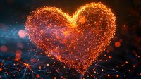Glowing orange heart shape formed by connected light particles and network lines against dark background with bokeh effects and digital connections.