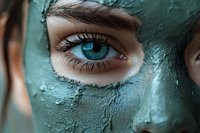 Young woman with striking blue eyes wearing cracked green clay face mask for skincare routine and spa treatment at home.