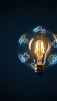 Glowing light bulb surrounded by floating medical icons including pills, cross symbols and brain on dark blue background representing healthcare innovation.