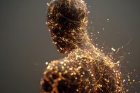 Abstract human figure formed by glowing golden light particles and interconnected network lines against dark background, representing digital transformation concept.