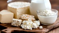 Fresh dairy products including cottage cheese, milk, butter and soft white cheese arranged on rustic wooden cutting board for healthy breakfast or cooking.